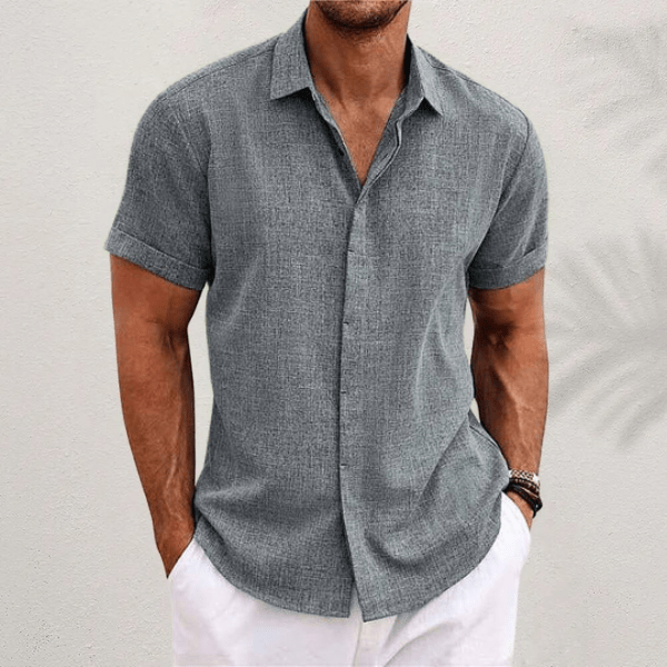 Camisa de linho homem manga curta colarinho aberto corte regular