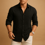 Camisa masculina manga longa gola polo em tecido respirável
