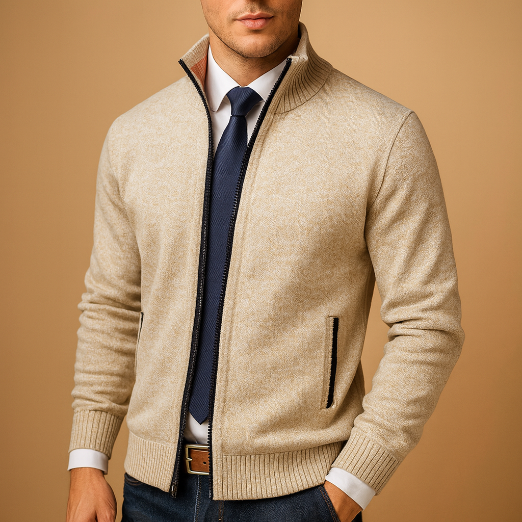 Cardigan malha homem com fecho zip e bolsos laterais