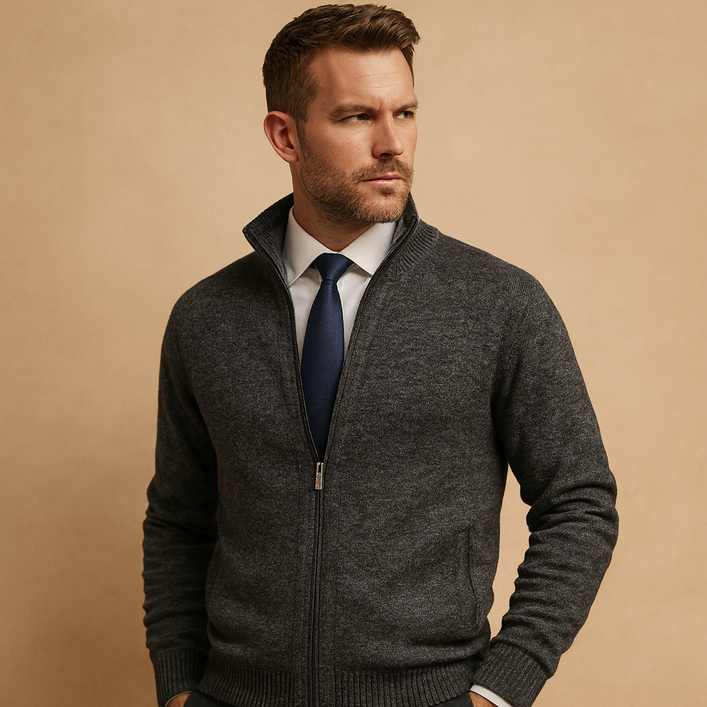 Cardigan malha homem com fecho zip e bolsos laterais