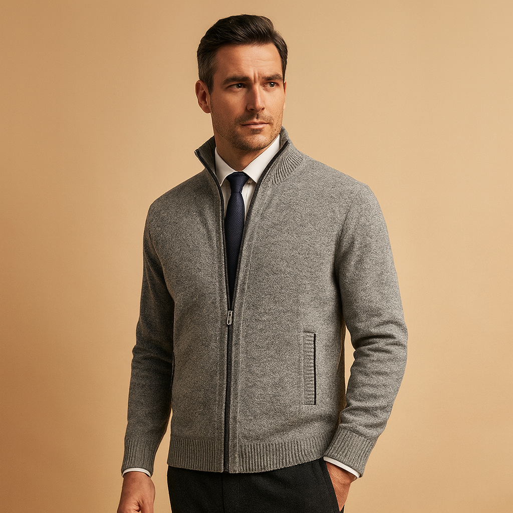 Cardigan malha homem com fecho zip e bolsos laterais