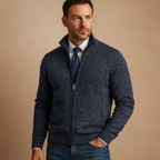 Cardigan malha homem com fecho zip e bolsos laterais