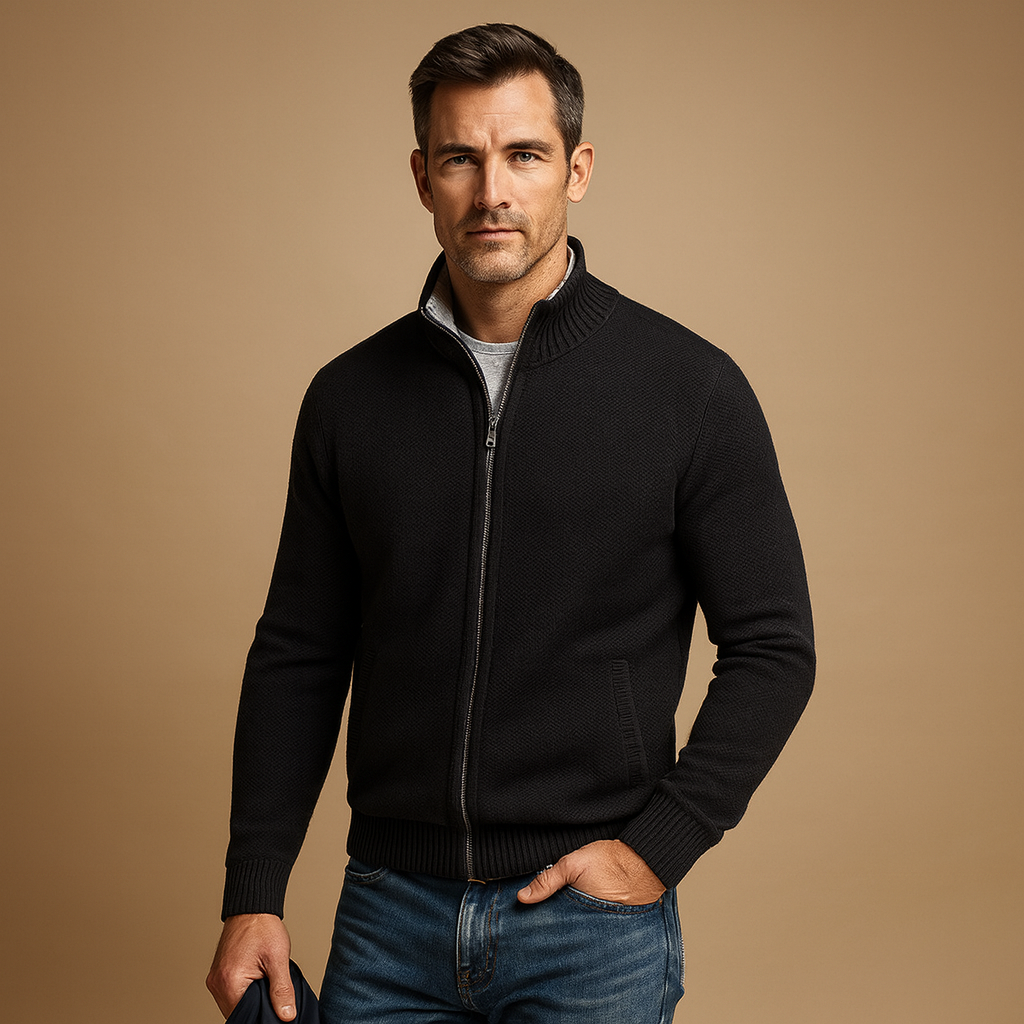 Cardigan malha homem com fecho zip e bolsos laterais