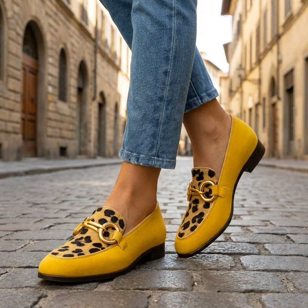 Chinelos slip-on estampa animal femininos amarelos com fivela metálica e bico quadrado
