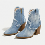 Botas femininas salto bloco tornozelo com zíper lateral e bico fechado