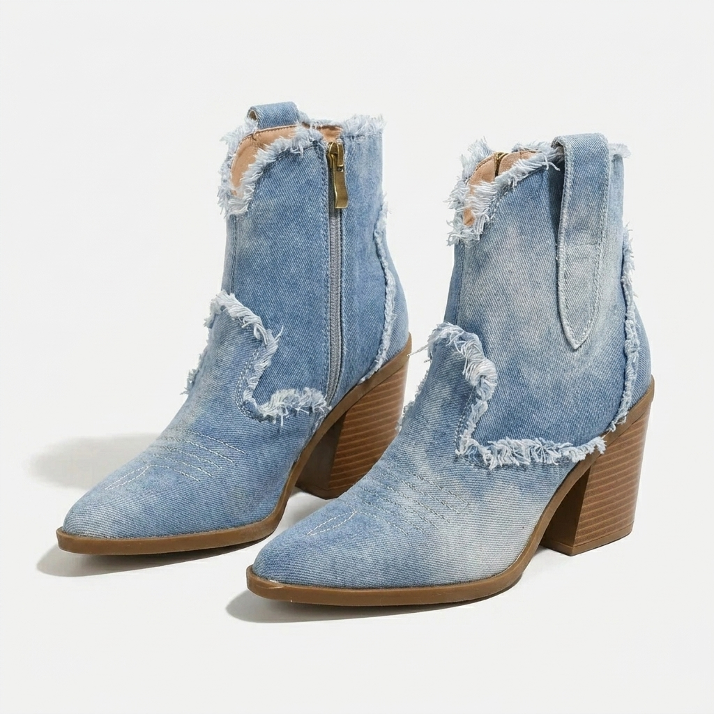 Botas femininas salto bloco tornozelo com zíper lateral e bico fechado