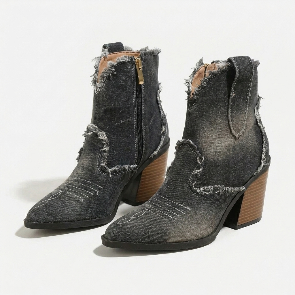 Botas femininas salto bloco tornozelo com zíper lateral e bico fechado