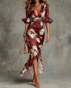 Vestido midi cetim estampa floral decote em V feminino