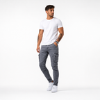 Calças jeans cargo slim fit masculinas com bolsos funcionais e costura reforçada