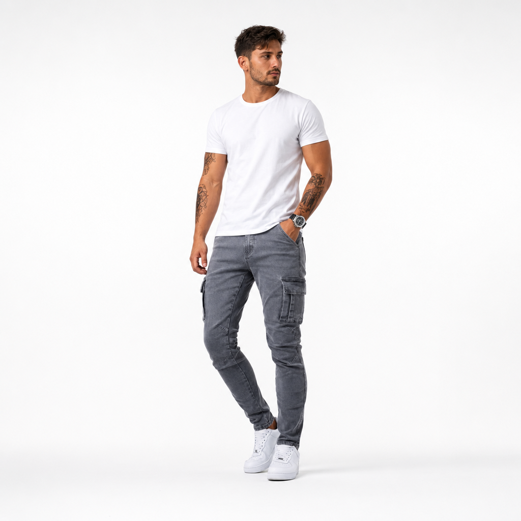 Calças jeans cargo slim fit masculinas com bolsos funcionais e costura reforçada