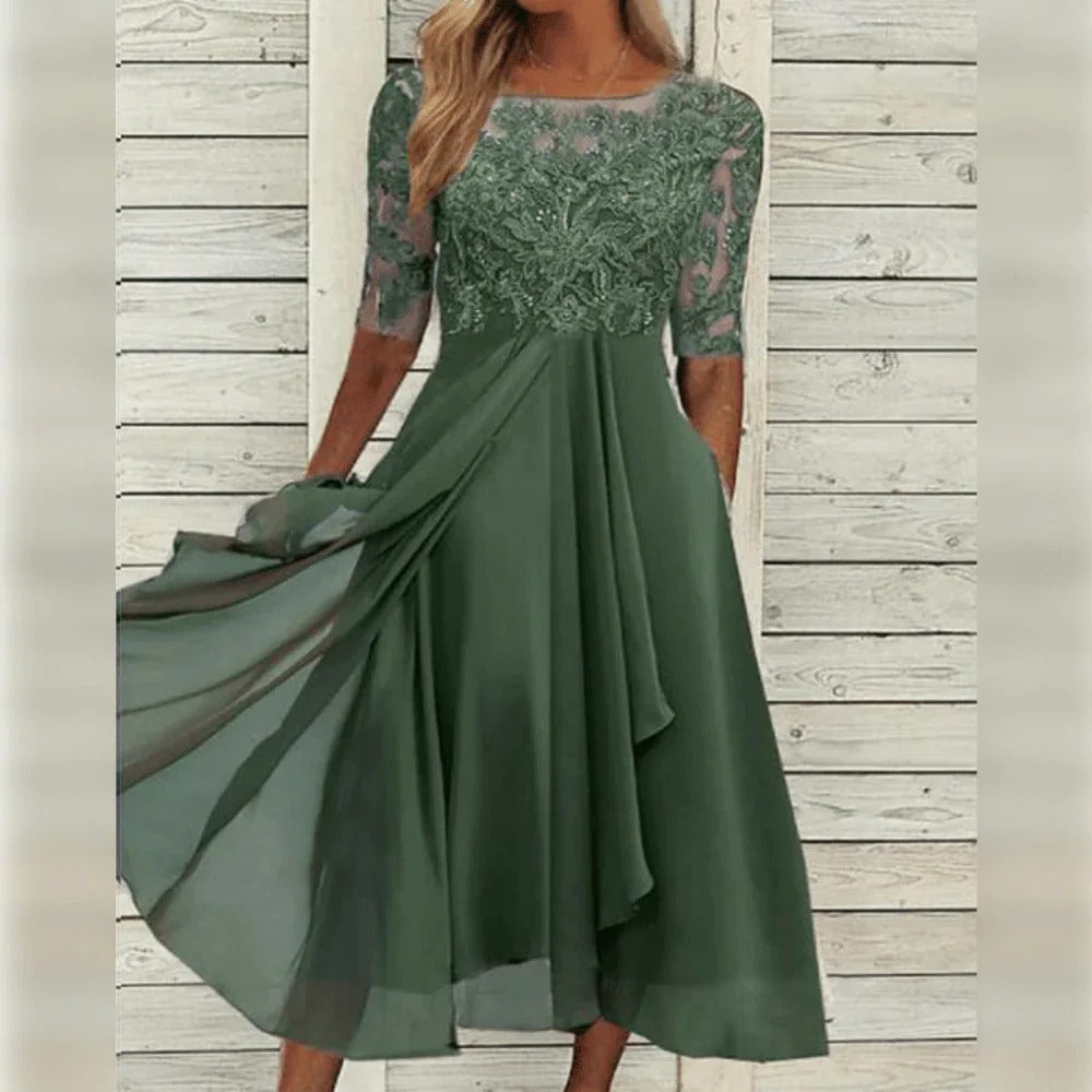 Vestido midi chiffon com renda e manga três quartos para ocasiões festivas