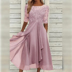 Vestido midi chiffon com renda e manga três quartos para ocasiões festivas