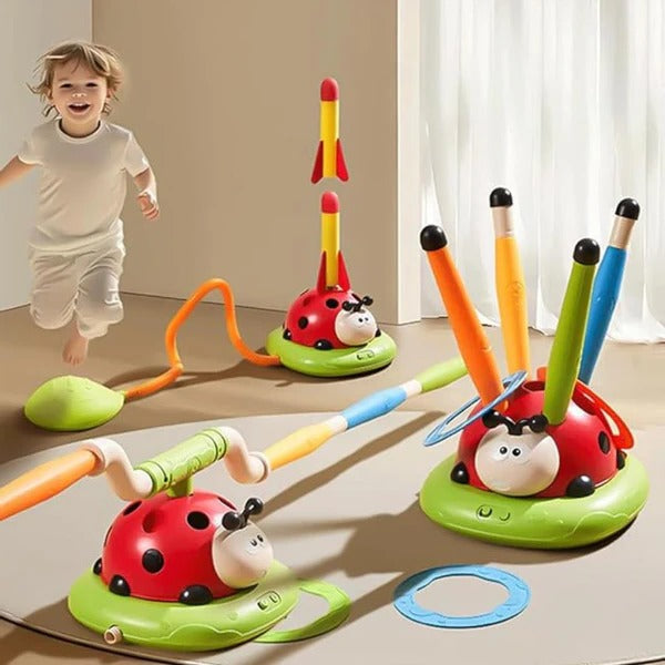 Brinquedo ativo 3 em 1 para crianças com tapete de saltos, argolas e lançador de foguete