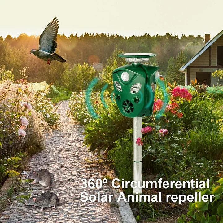 Repelente ultrassônico solar 360 graus com sensor de movimento e LED intermitente para jardim