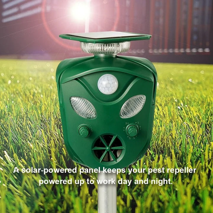Repelente ultrassônico solar 360 graus com sensor de movimento e LED intermitente para jardim