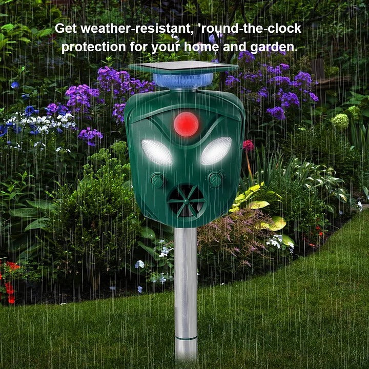 Repelente ultrassônico solar 360 graus com sensor de movimento e LED intermitente para jardim