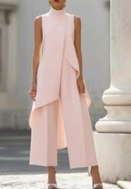 Conjunto feminino 2 peças gola alta sem mangas calça wide leg assimétrico