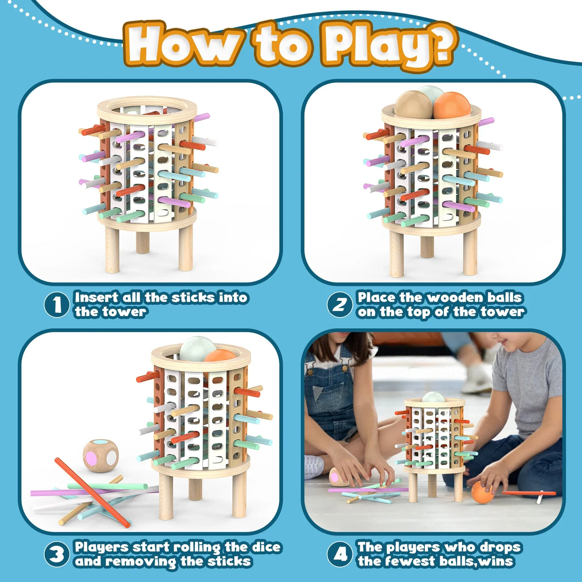 Torre de equilíbrio de madeira jogo educativo motricidade fina crianças 3 anos