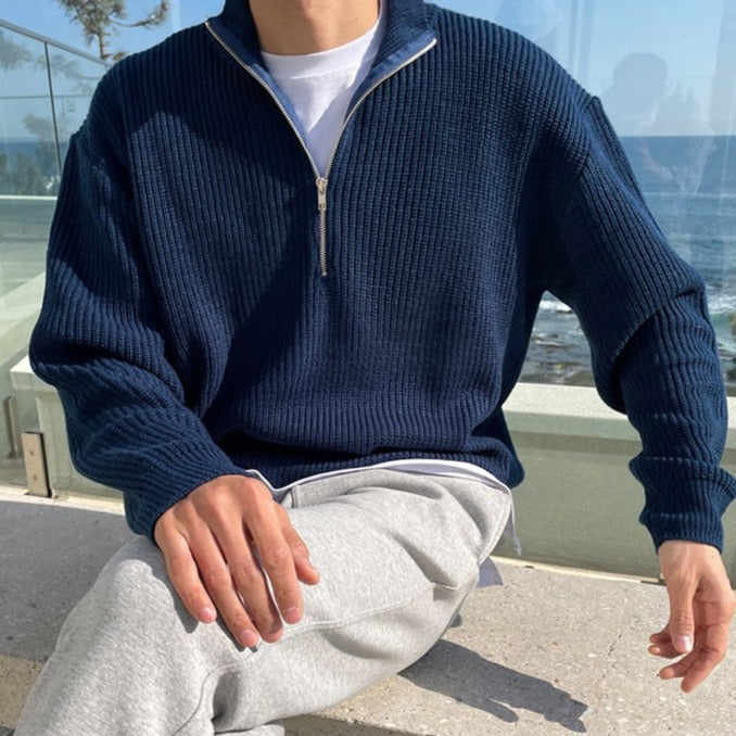 Camisola masculina de malha half-zip design clássico old money azul-marinho e cinzento