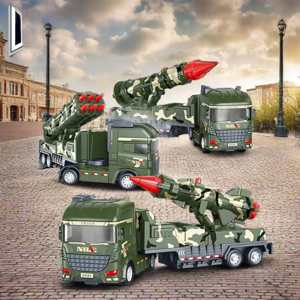 Caminhão militar de brinquedo com mecanismo pull-back, luzes e sons, ABS resistente