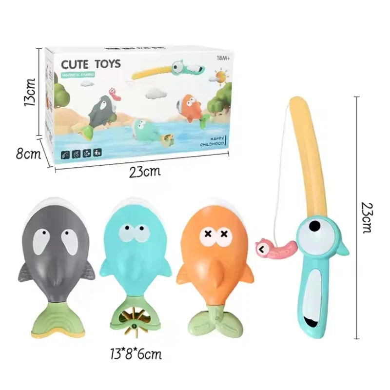 Jogo de pesca no banho magnético com peixinhos coloridos flutuantes e cana, educativo para crianças