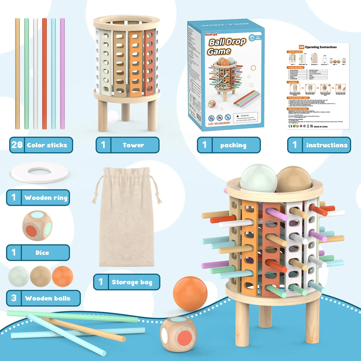 Torre de equilíbrio de madeira jogo educativo motricidade fina crianças 3 anos