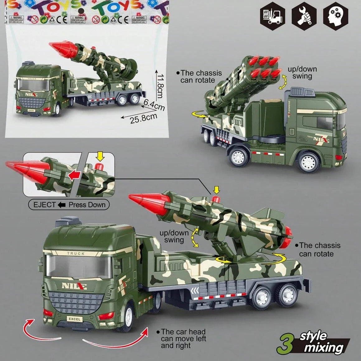 Caminhão militar de brinquedo com mecanismo pull-back, luzes e sons, ABS resistente