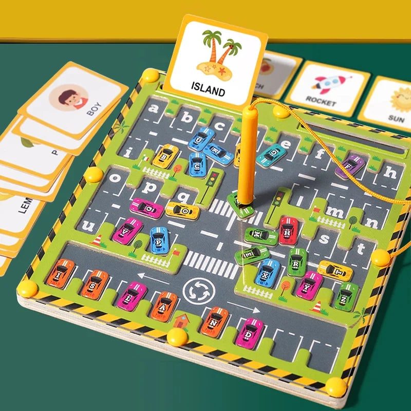 Puzzle de contas magnéticas labirinto em madeira educativo com temática de dinossauros
