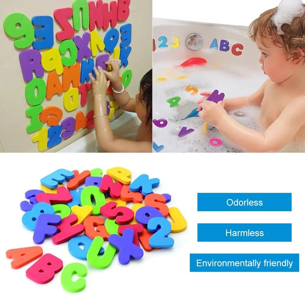 Letras e números de banho coloridos em EVA, educativo e divertido para crianças