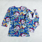 Biquíni 3 peças feminino azul floral com saia envolvente