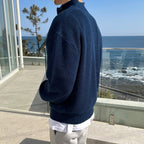 Camisola masculina de malha half-zip design clássico old money azul-marinho e cinzento