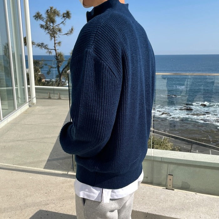 Camisola masculina de malha half-zip design clássico old money azul-marinho e cinzento