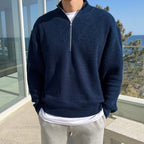 Camisola masculina de malha half-zip design clássico old money azul-marinho e cinzento