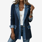 Casaco feminino malha canelada com recortes jeans no colar punhos e bainha estilo colorblock