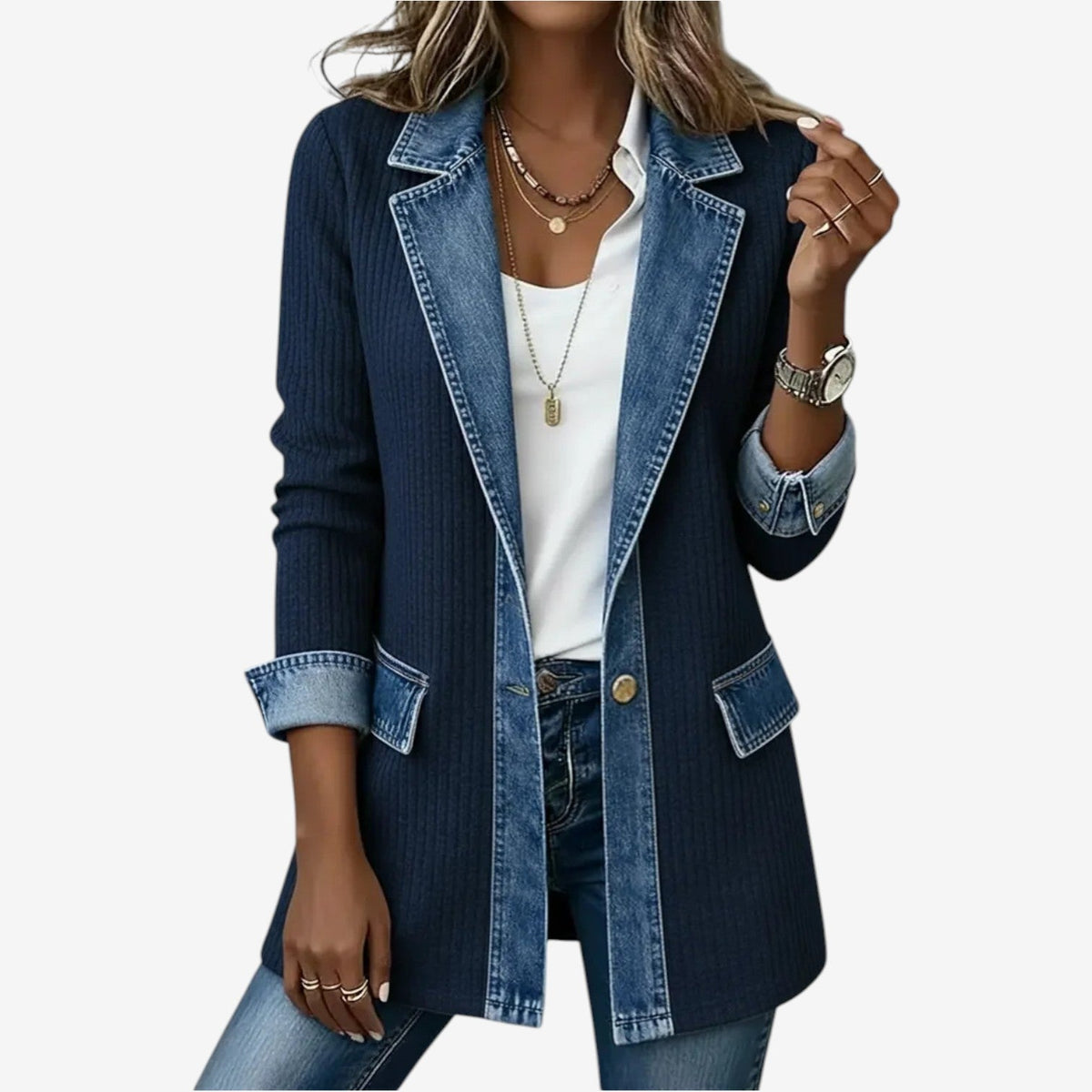 Casaco feminino malha canelada com recortes jeans no colar punhos e bainha estilo colorblock