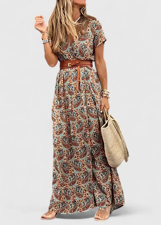 Vestido maxi boho feminino com decote em V silhueta fluida