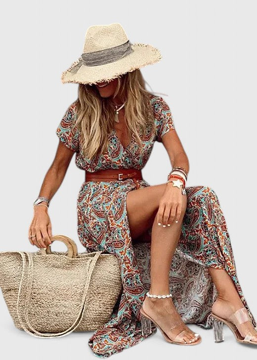 Vestido maxi boho feminino com decote em V silhueta fluida