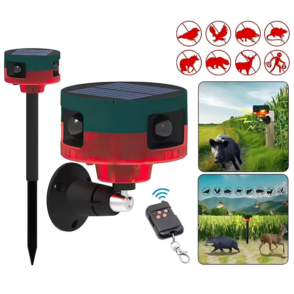 Repelente Solar 360° para pombos, javalis, coelhos e veados com deteção de movimento