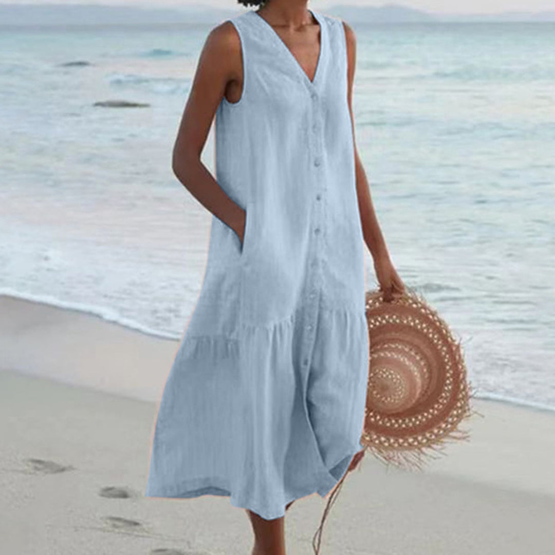 Vestido longo feminino sem mangas com decote em V e corte fluido