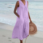 Vestido longo feminino sem mangas com decote em V e corte fluido