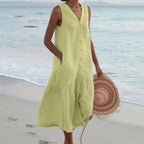 Vestido longo feminino sem mangas com decote em V e corte fluido