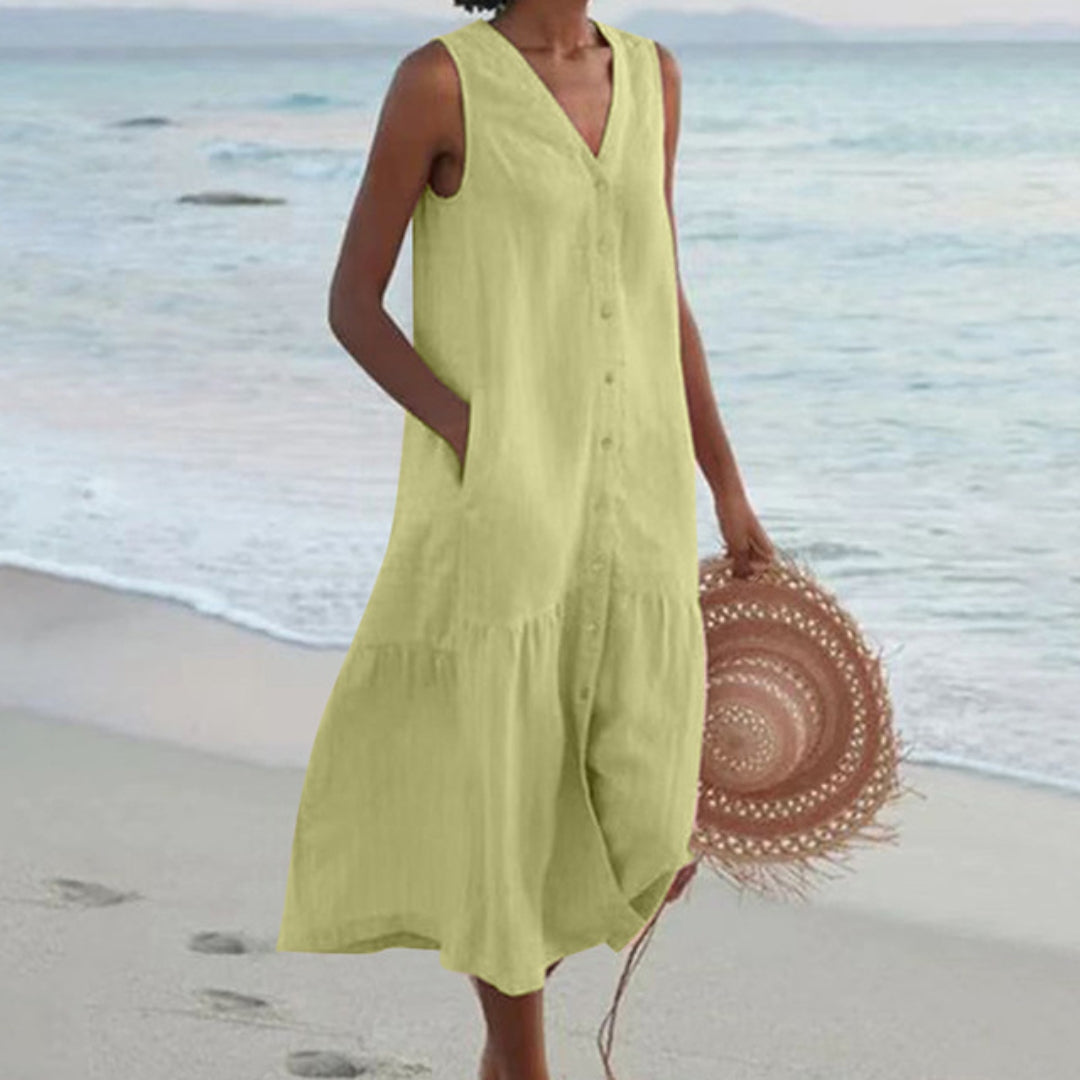 Vestido longo feminino sem mangas com decote em V e corte fluido