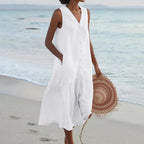 Vestido longo feminino sem mangas com decote em V e corte fluido