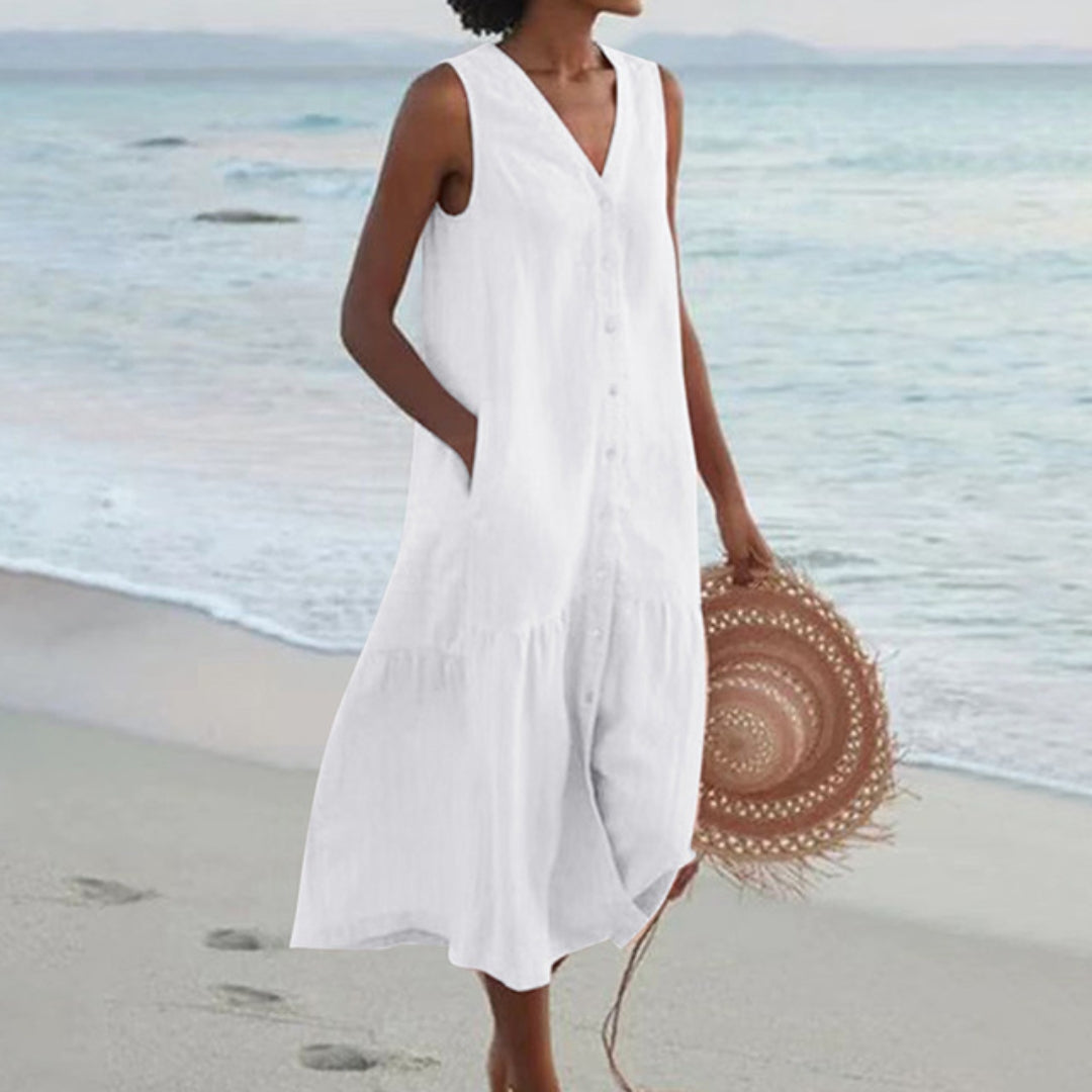 Vestido longo feminino sem mangas com decote em V e corte fluido