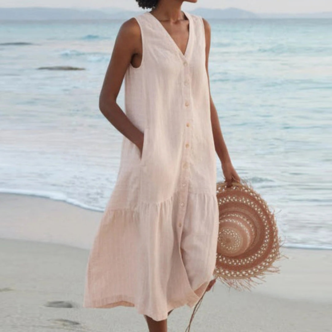 Vestido longo feminino sem mangas com decote em V e corte fluido