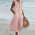 Vestido longo feminino sem mangas com decote em V e corte fluido