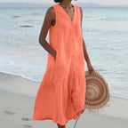 Vestido longo feminino sem mangas com decote em V e corte fluido