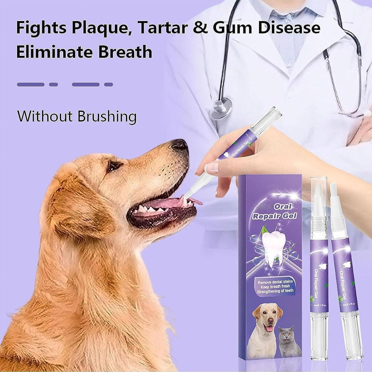 Gel oral reparador para cães kit com 3 unidades, antibacteriano e branqueador