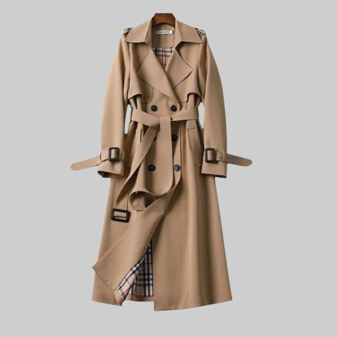 Trench coat mulher com cinto e dupla fileira de botões corte longo