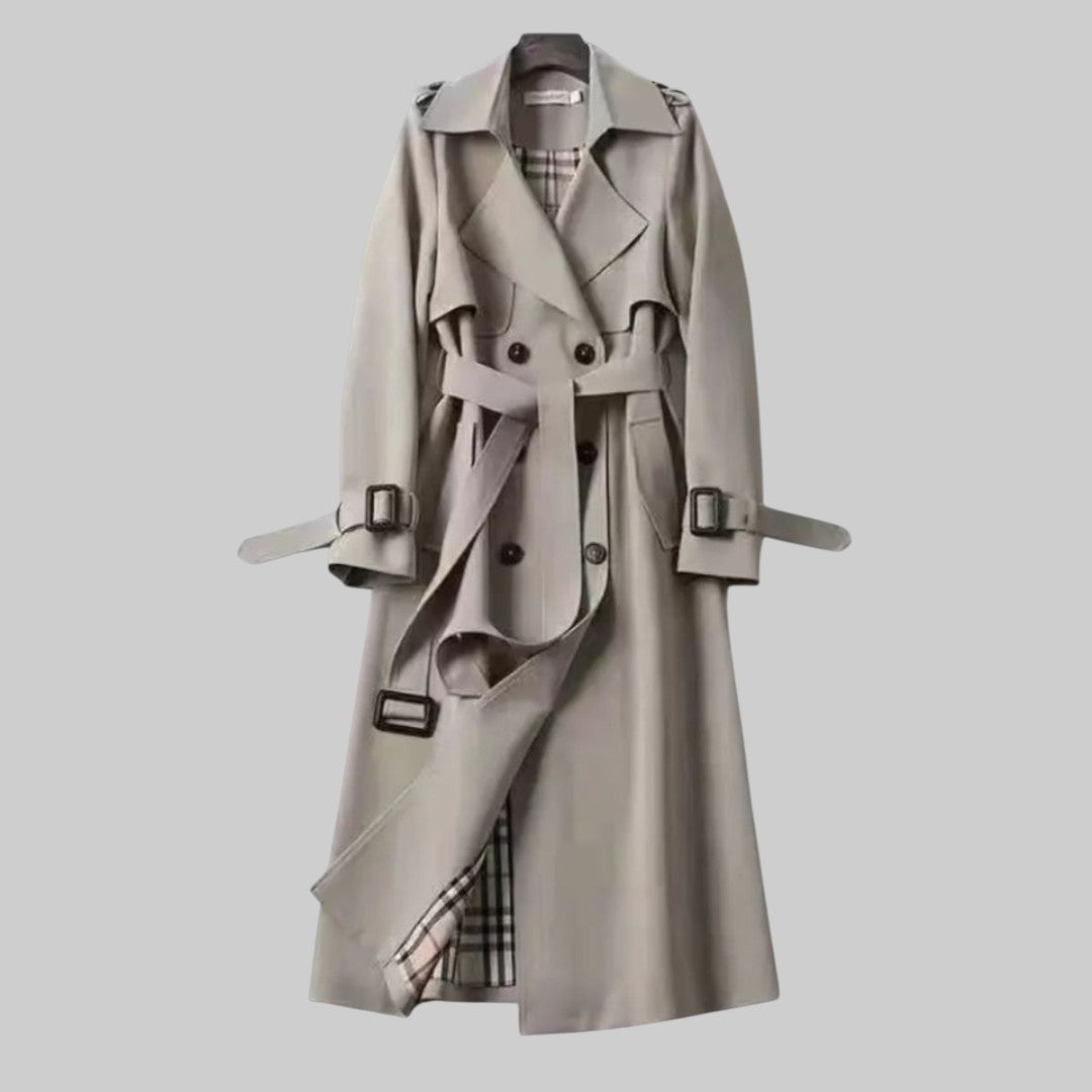 Trench coat mulher com cinto e dupla fileira de botões corte longo